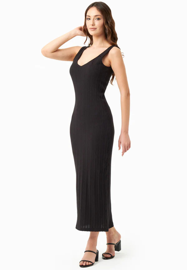 Jacquard Rib V-Neck Dress Black