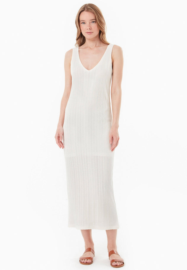 Jacquard Rib V-Neck Dress Off White