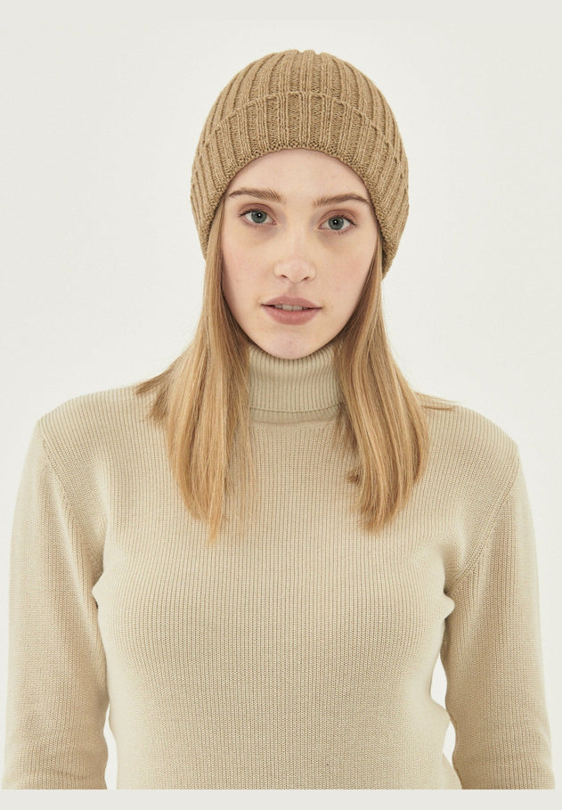 Wide Rib Merino Wool Blend Beanie Light Brown