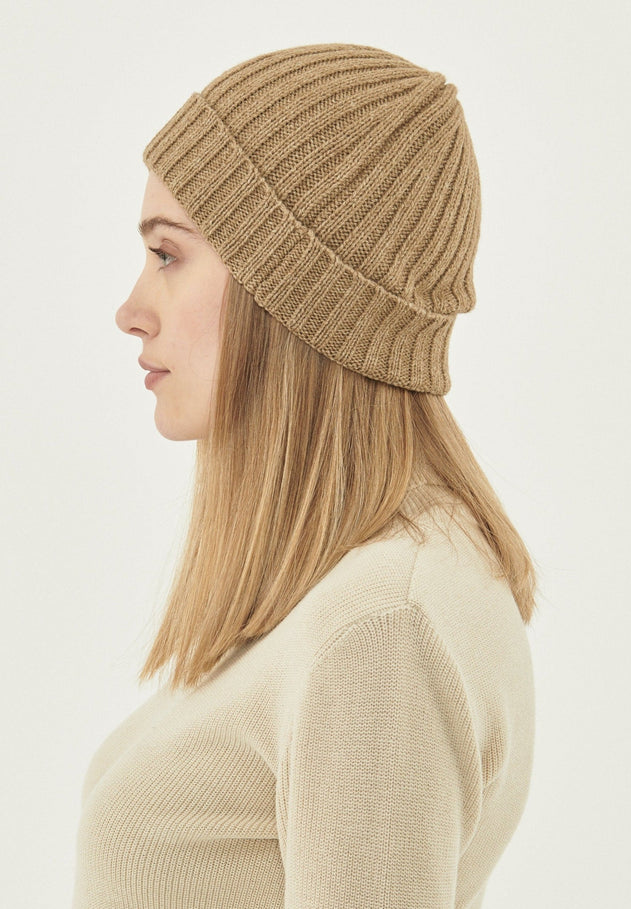 Wide Rib Merino Wool Blend Beanie Light Brown