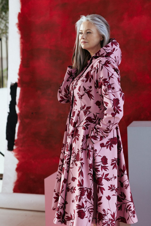 Fit and Flare Raincoat with Pleated Hem Pink Peony Bloom