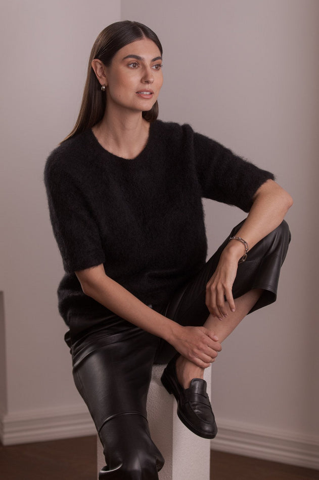 Short-Sleeve Alpaca Blend Sweater Black
