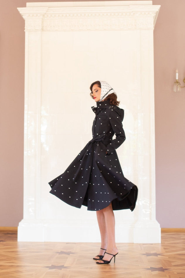 Fit and Flare Raincoat with A-Line Hem Polka Dots Black