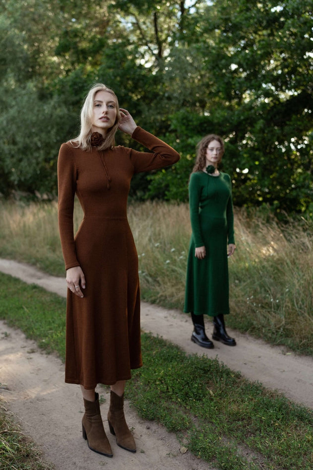 Knitted Merino Wool A-line Midi Dress