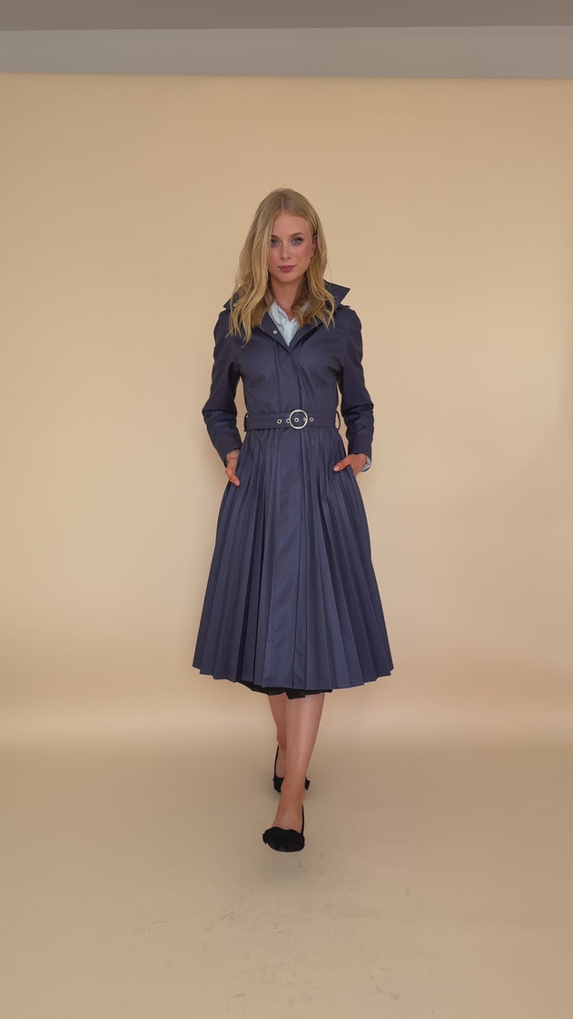 Fit and Flare Blue Women’s A-Line Coat with Pleated Skirt | Blue Serenade