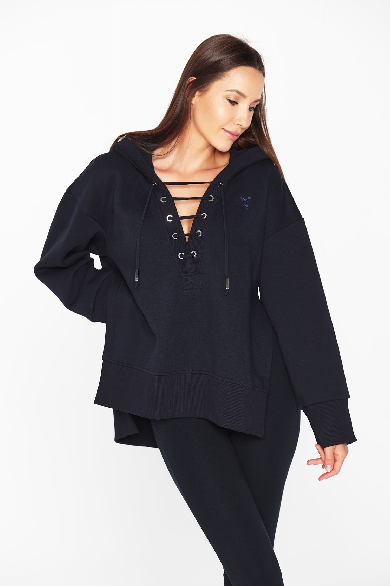 Laced Hoodie With Side Slits Navy Blue