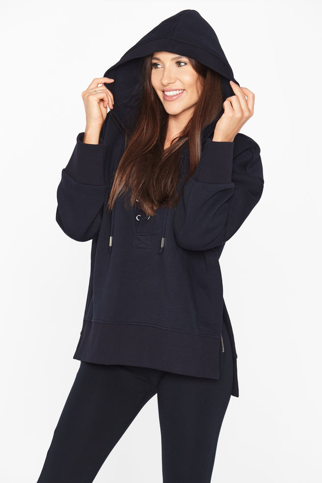 Laced Hoodie With Side Slits Navy Blue