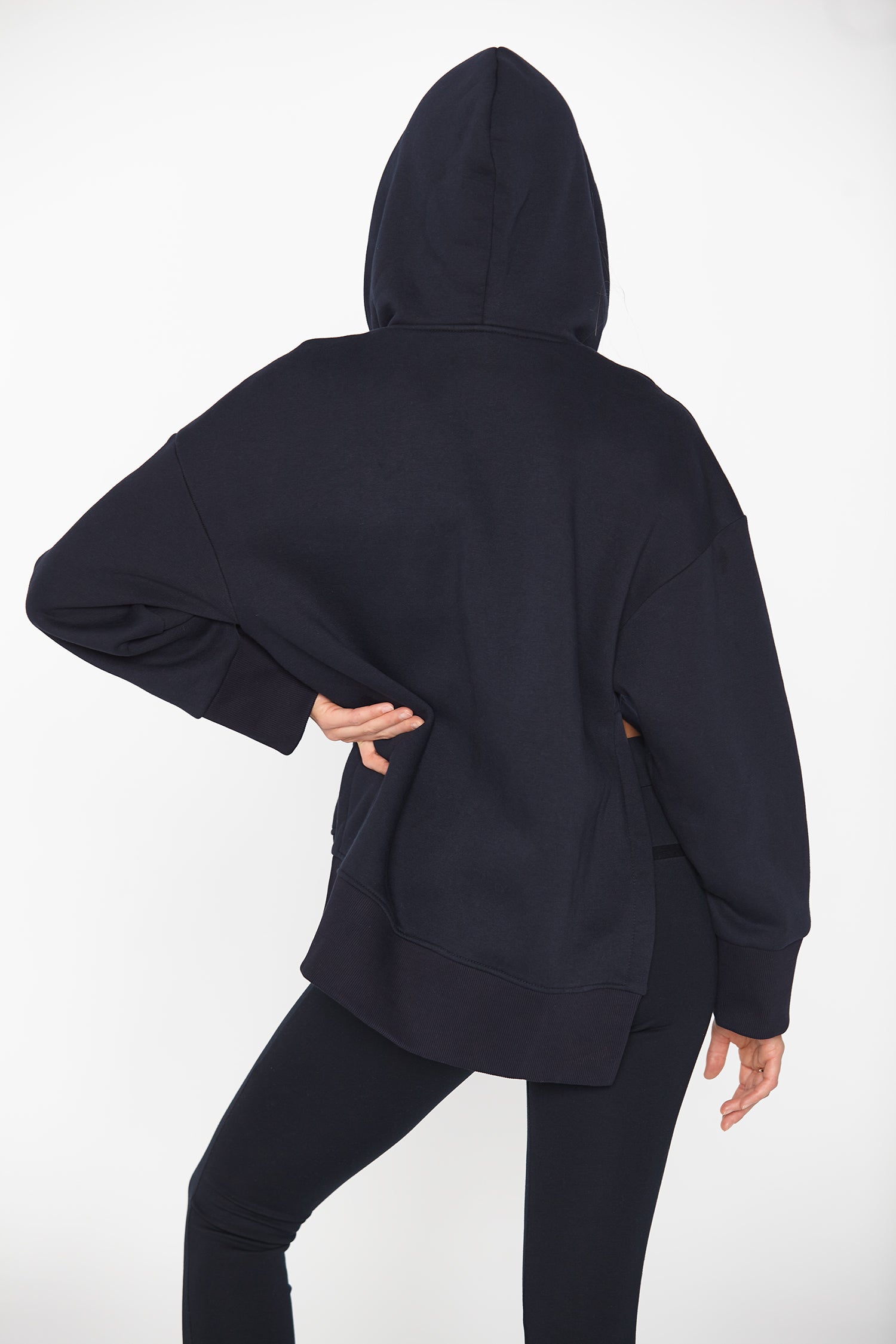 Laced Hoodie With Side Slits Navy Blue