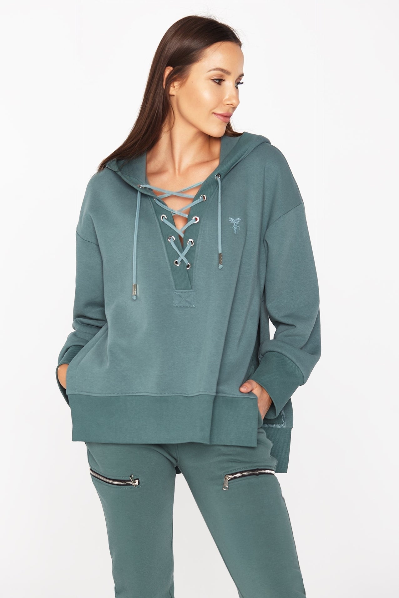 Laced Hoodie With Side Slits Sea Green