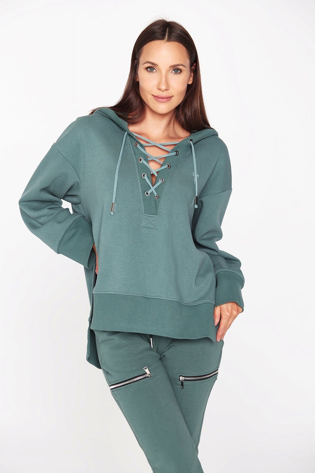 Laced Hoodie With Side Slits Sea Green