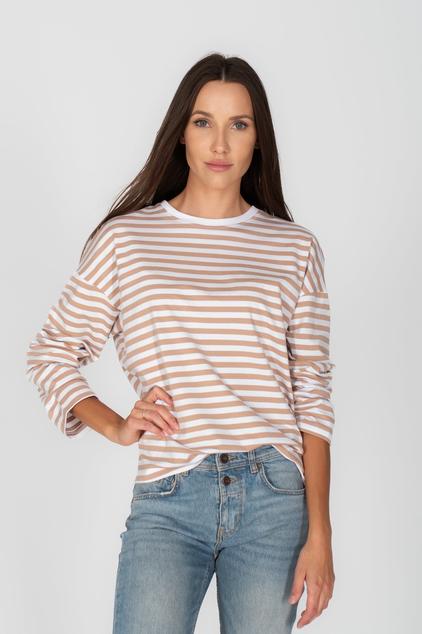 Oversized Longsleeve T-Shirt Beige Striped