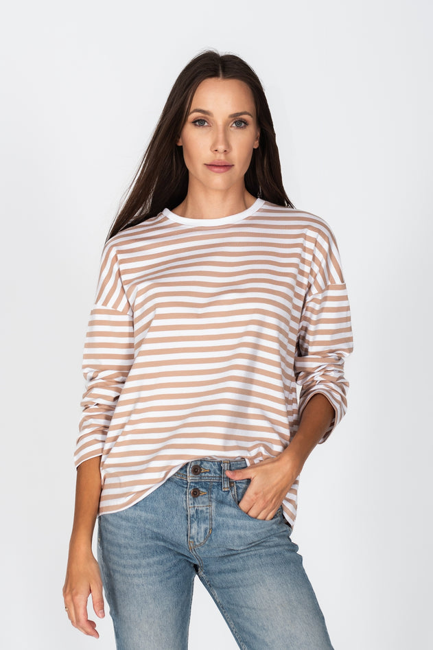 Oversized Longsleeve T-Shirt Beige Striped