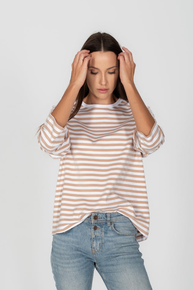 Oversized Longsleeve T-Shirt Beige Striped