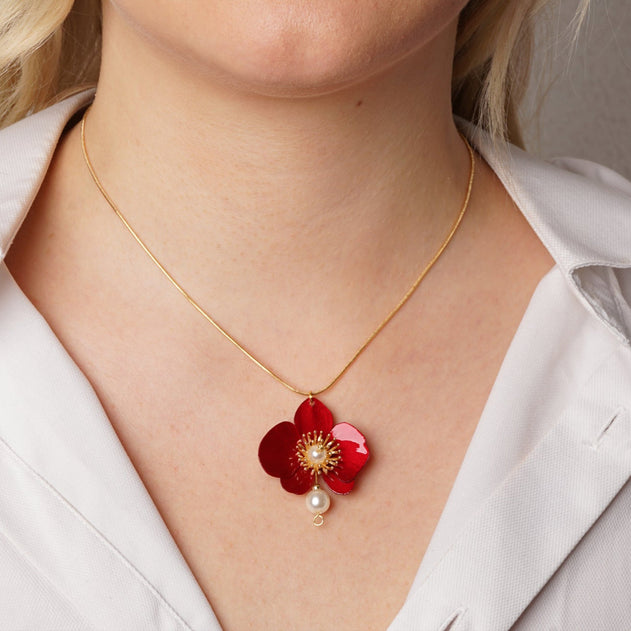 Butterfly Orchid Pearl Necklace Red