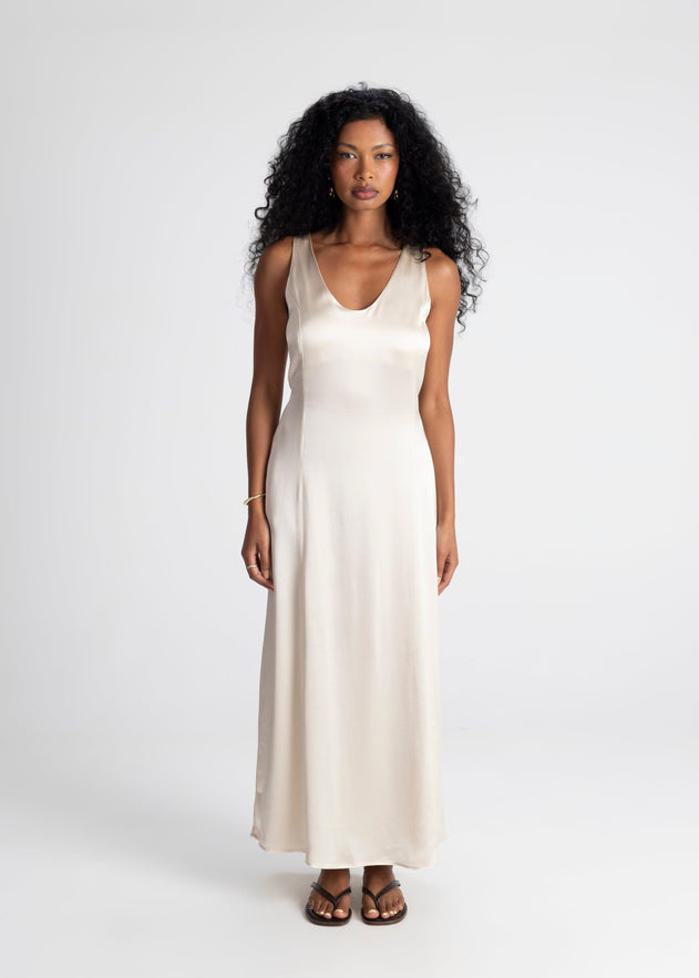 Elena Long Satin Dress Beige