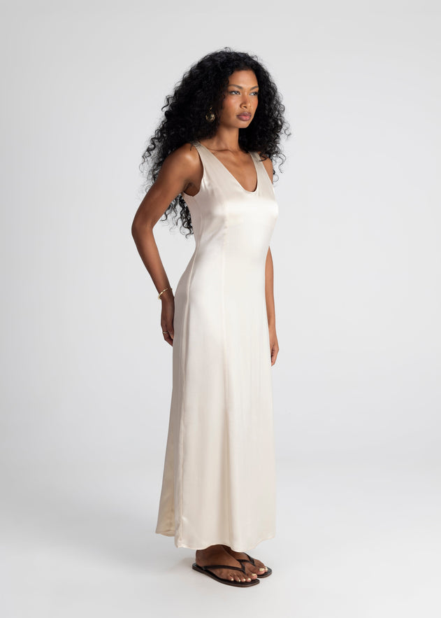Elena Long Satin Dress Beige