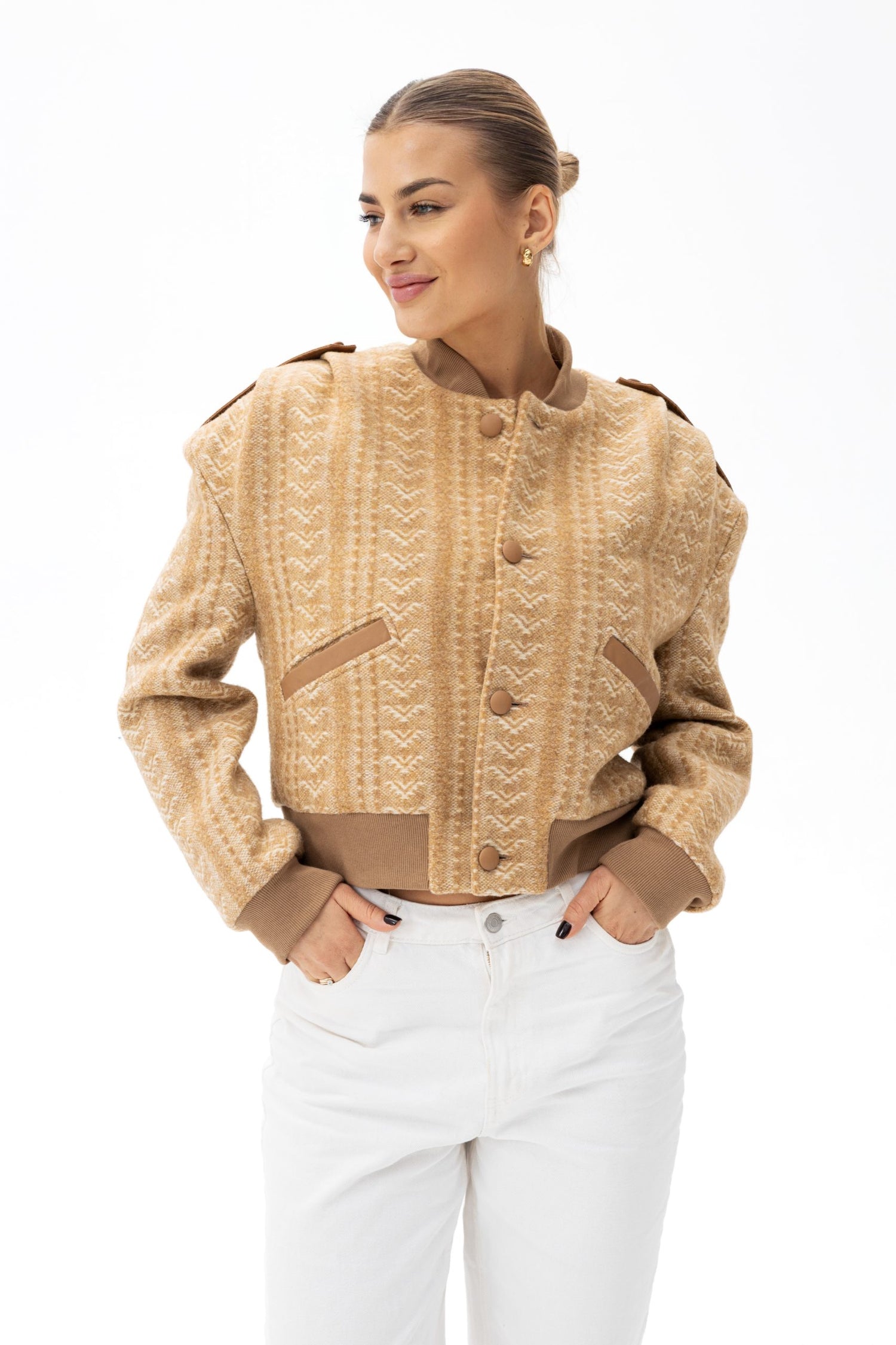 Ira Patterned Wool Bomber Jacket Caramel