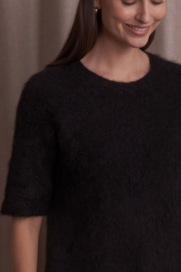 Short-Sleeve Alpaca Blend Sweater Black