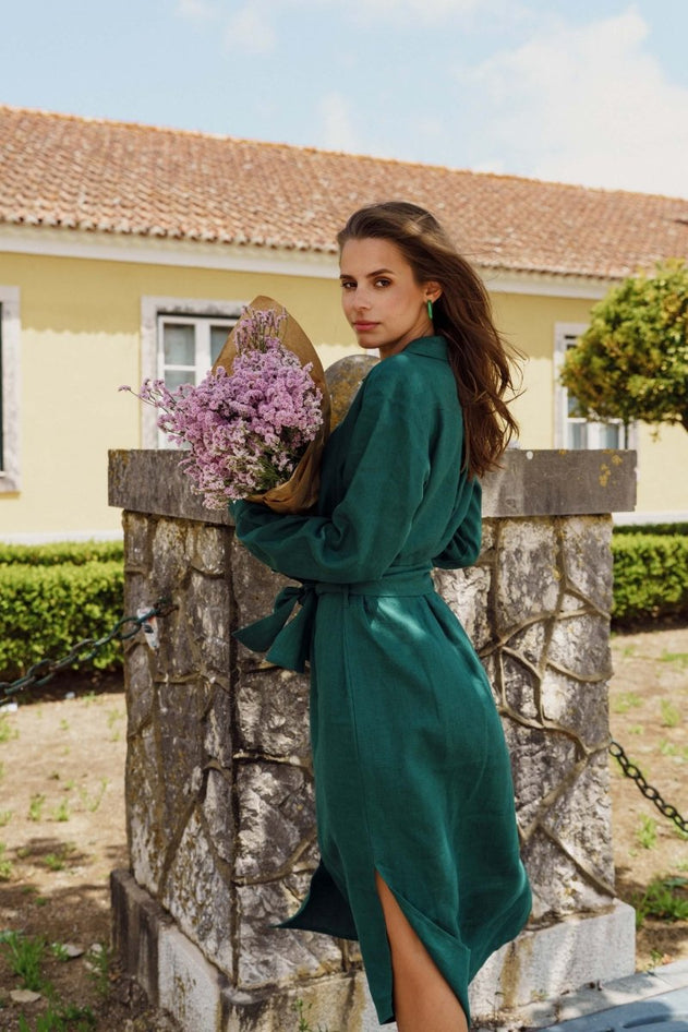 Chloe Linen Dress Evergreen - IVALO.COM