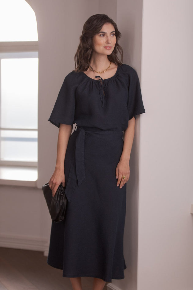 Liana Wide-hemmed Linen Skirt Dark Navy
