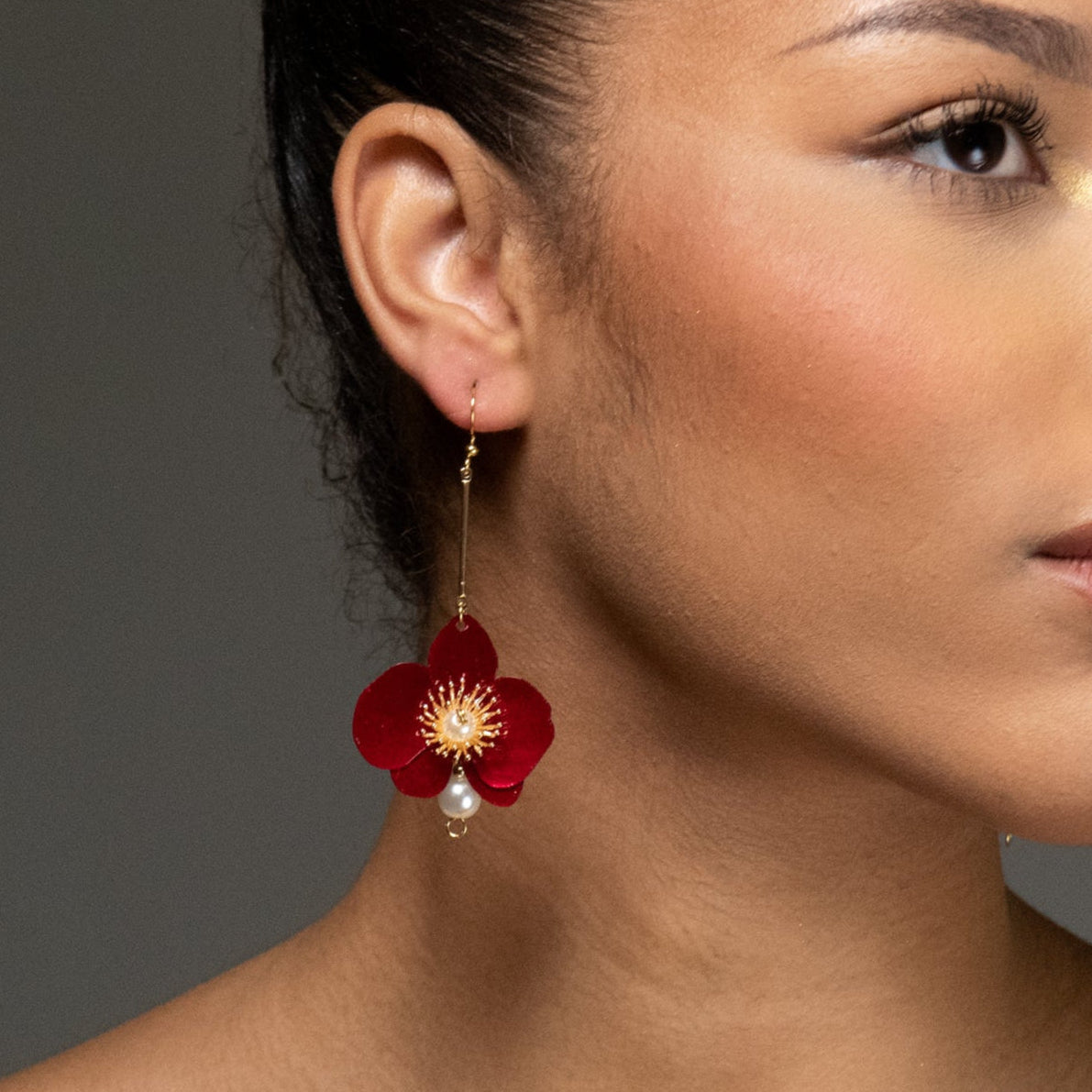 Butterfly Orchid Pearl Earrings Red