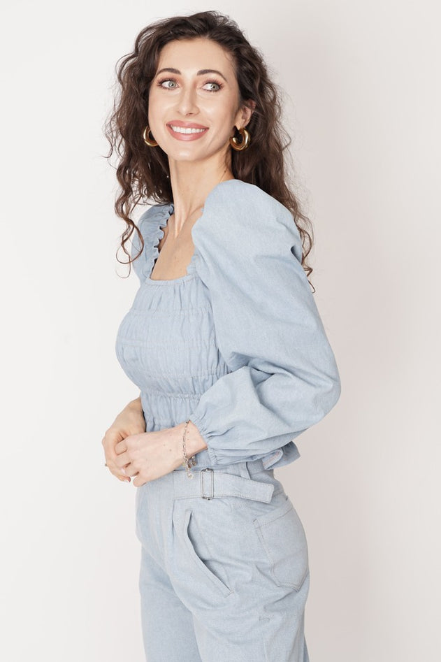 Gathered Denim Blouse Vintage Blue