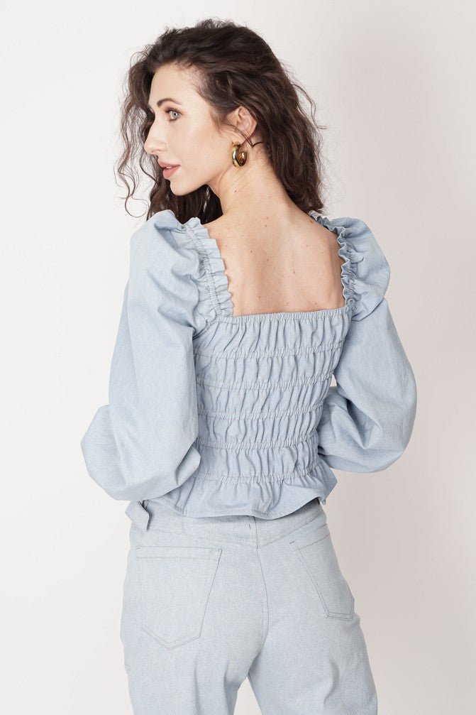 Gathered Denim Blouse Vintage Blue