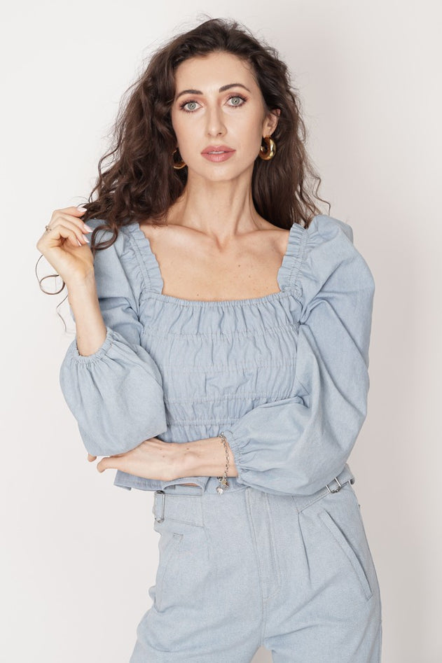 Gathered Denim Blouse Vintage Blue
