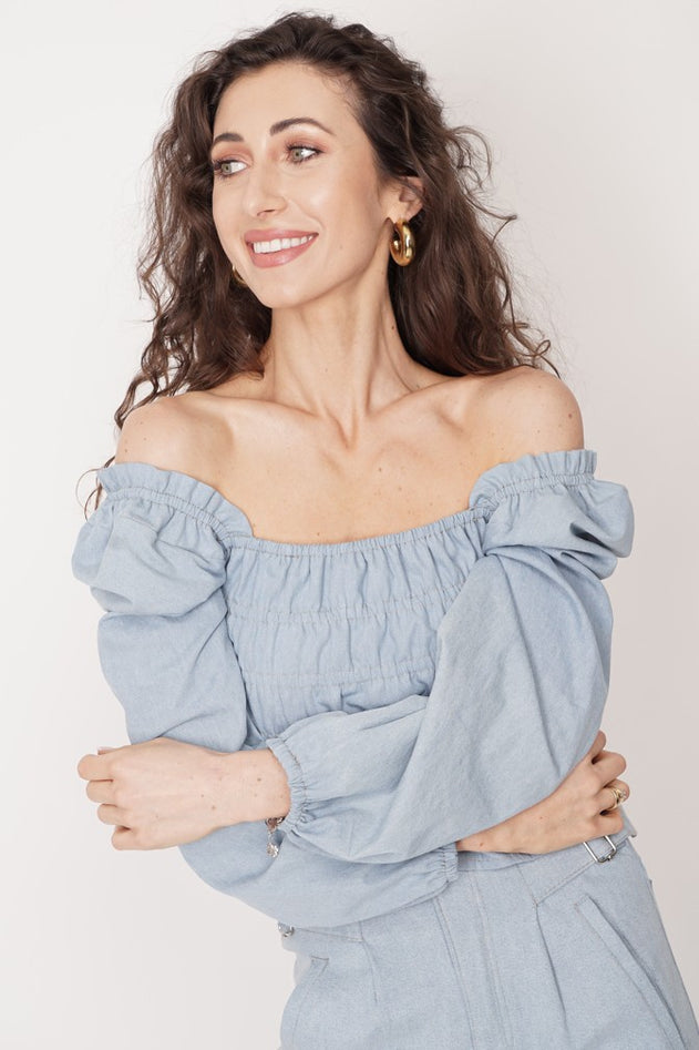 Gathered Denim Blouse Vintage Blue