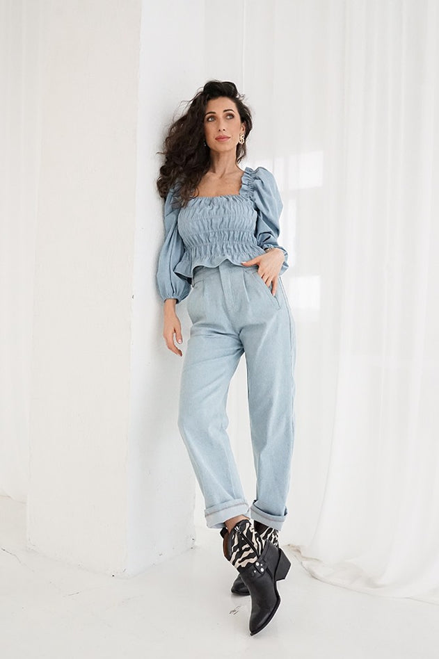 Gathered Denim Blouse Vintage Blue