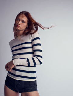 Rita Cashmere Knitted Crew Neck Pullover Striped Black&White