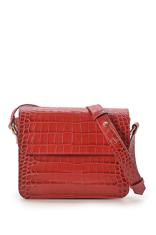 Croco Engraved Squere Leather Shoulder Bag Red