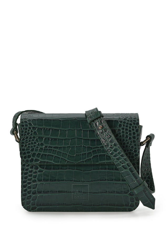 Croco Engraved Squere Leather Shoulder Bag Green