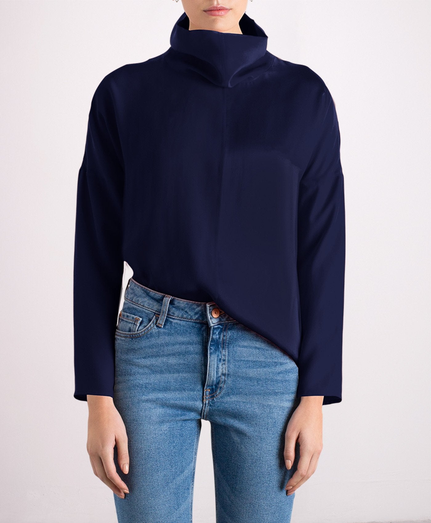 Revolution Silk Cowl Neck Top Navy