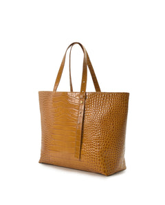 Croco Engraved Leather Shopping Bag Caramel