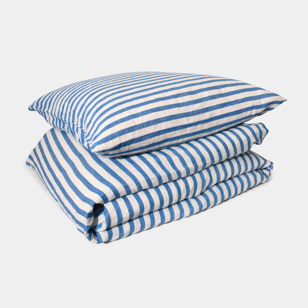 Linen Duvet Cover Set Blue Stripe