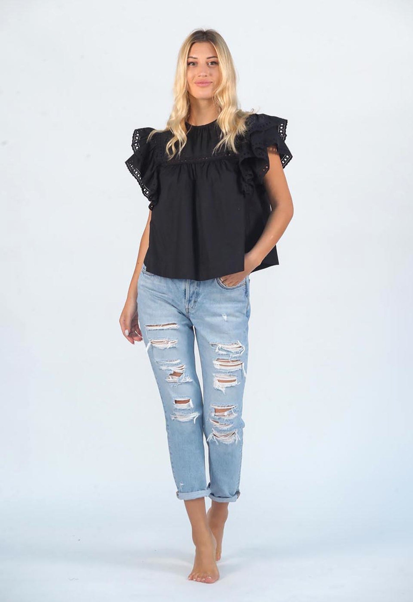 Calmology Ruffle Eyelet Top
