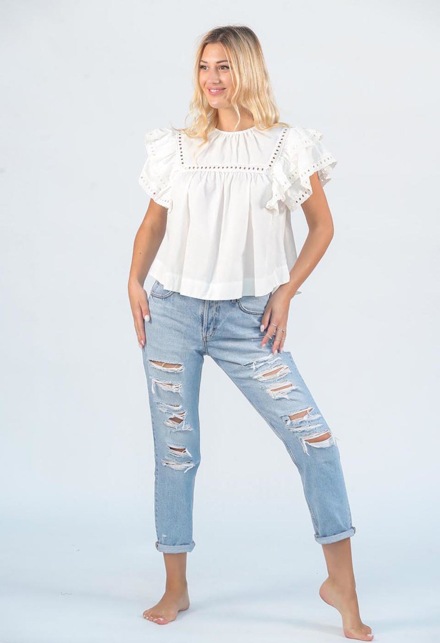 Calmology Ruffle Eyelet Top
