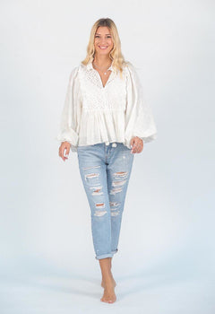 Come Alive Volume Sleeve Eyelet Blouse