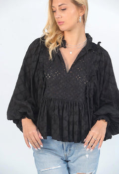Come Alive Volume Sleeve Eyelet Blouse