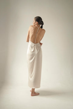 Cream Open Back Asymmetric Slip Dress