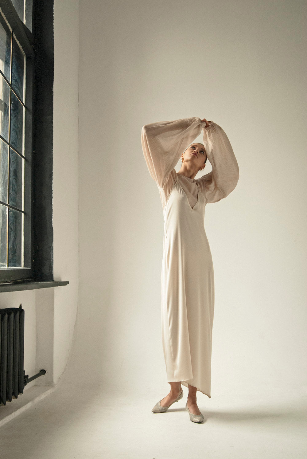 Cream Open Back Asymmetric Slip Dress