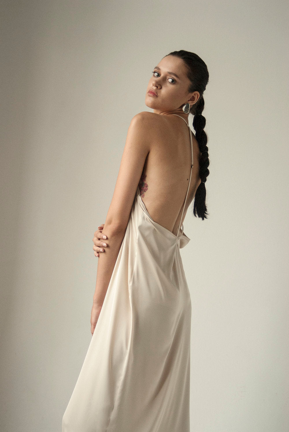 Cream Open Back Asymmetric Slip Dress