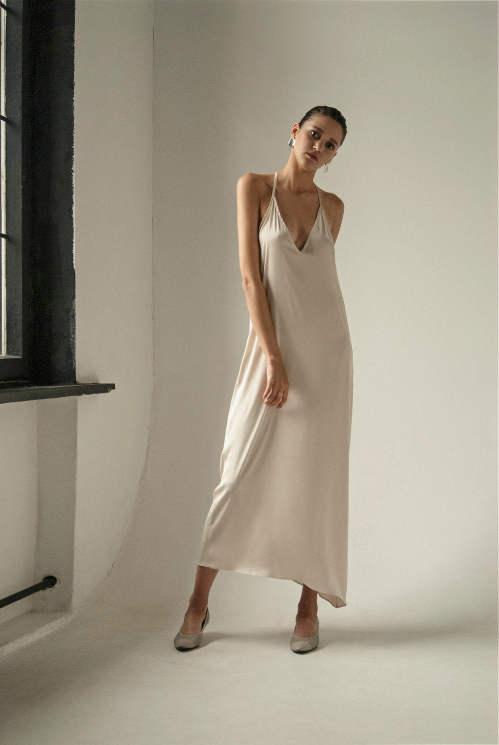 Cream Open Back Asymmetric Slip Dress