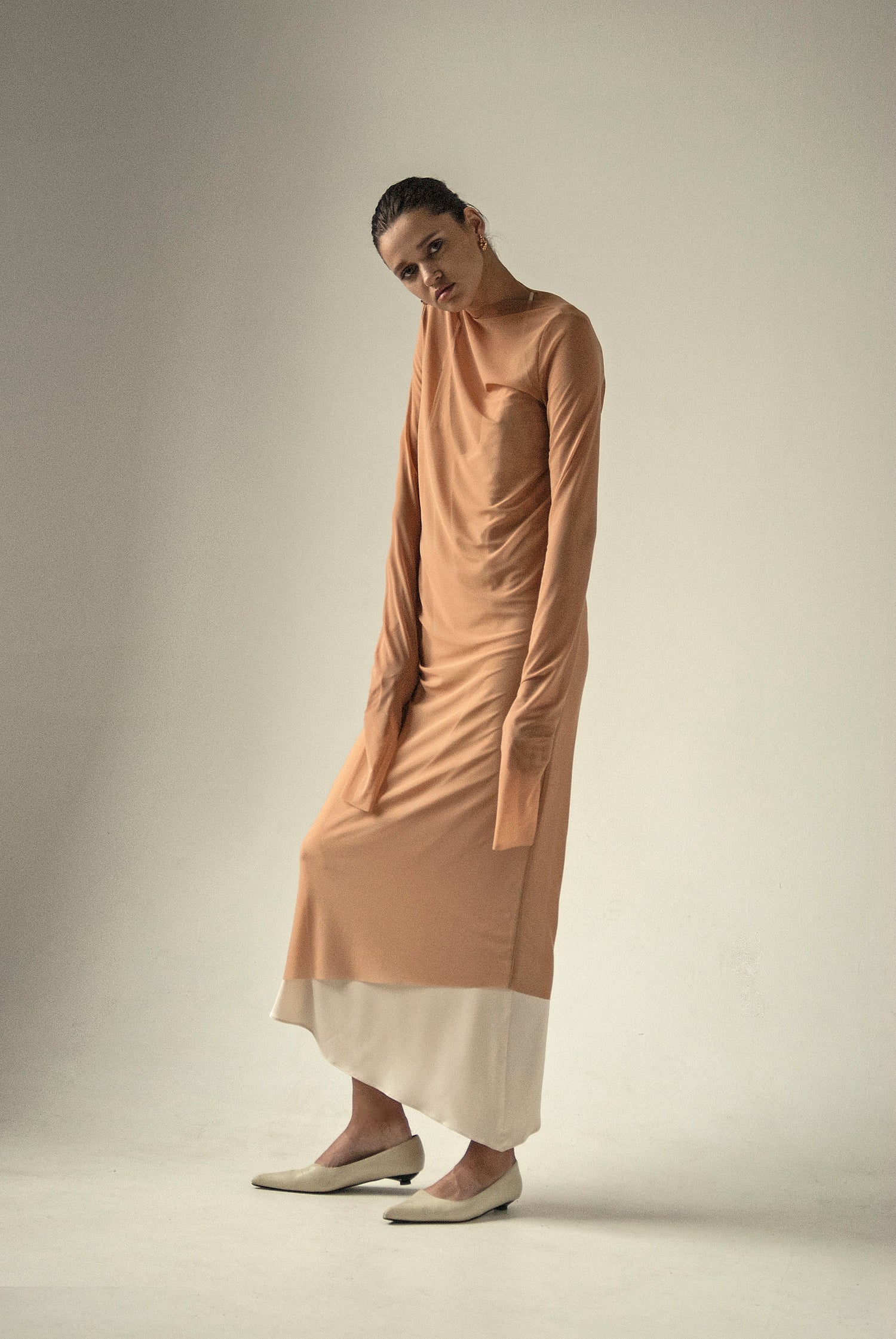 Endless Sleeves Nude Tulle Dress