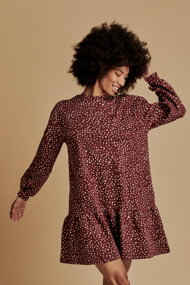 Ruffle Sweatshirt Dress Wild Dots Burgundy