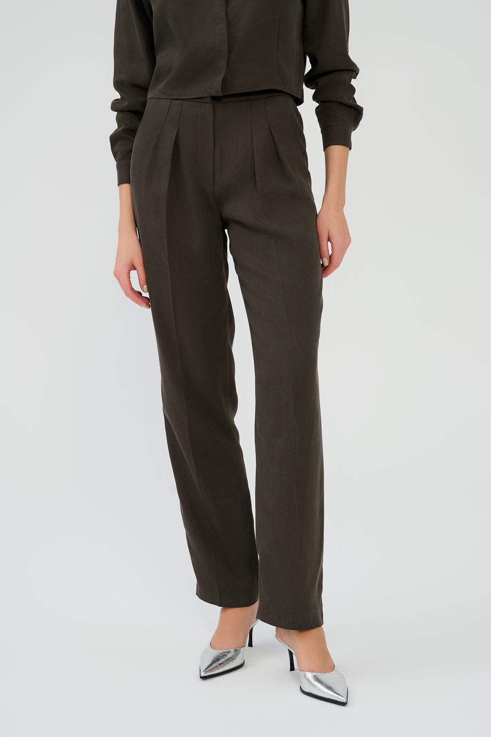 Saint Body Pleated Fabric Pants Brown