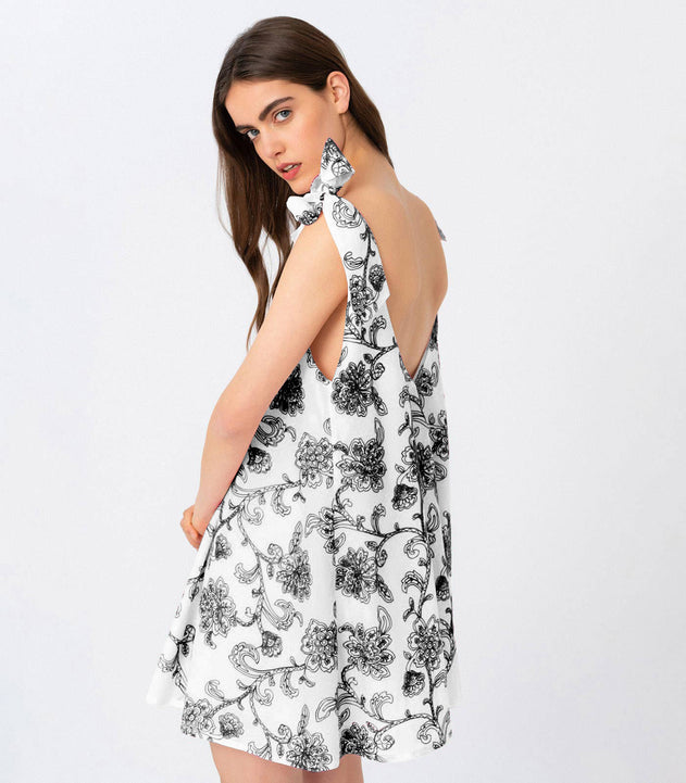 Floral Embroidered Low Back Mini Dress Black and White