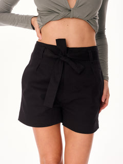 Glen High Waisted Cotton Shorts with Belt Black