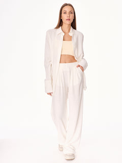 Ora High-Waist Viscose and Linen Trousers Ecru